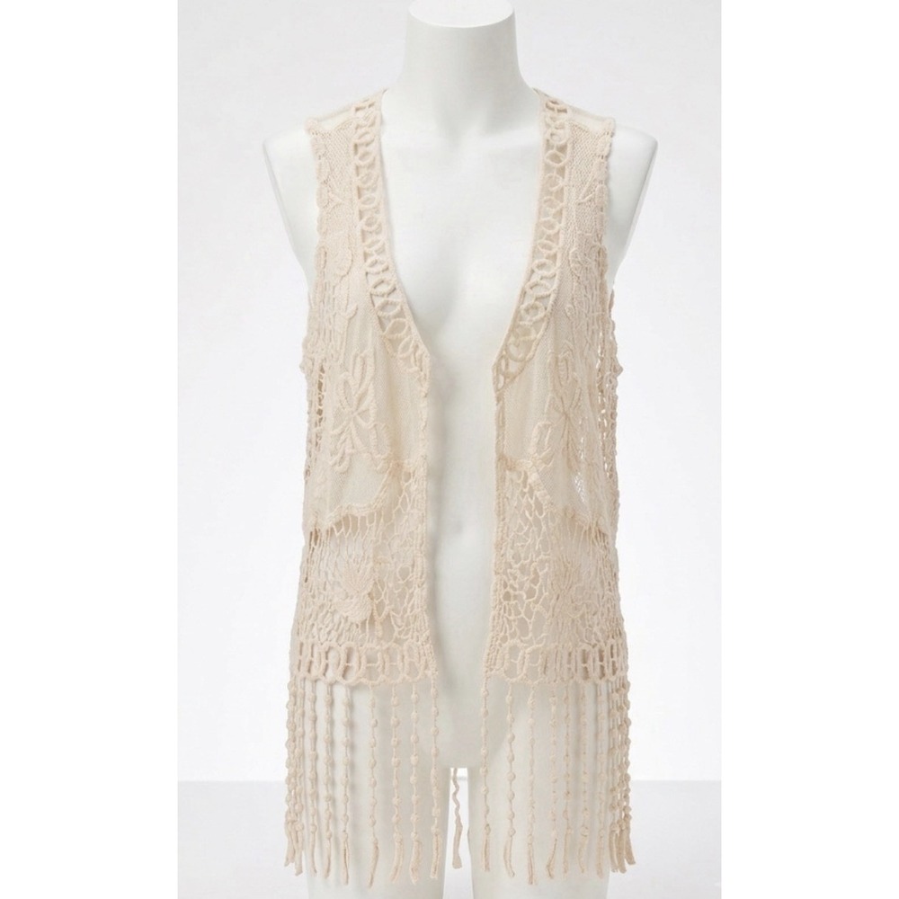 Y2K Vtg Room Mates S/M Cream Lace Crochet Fringed Vest 100% Cotton Boho Layering
